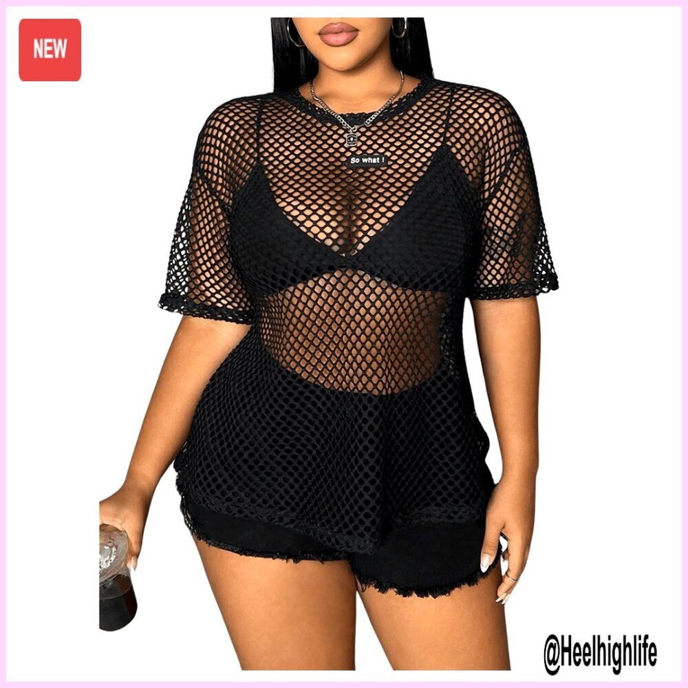 Plus Size Sheer Mesh T-Shirt Y2K Gothic Fishnet Top Loose Fit